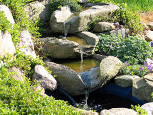 well landscaped backyard with pond and water features